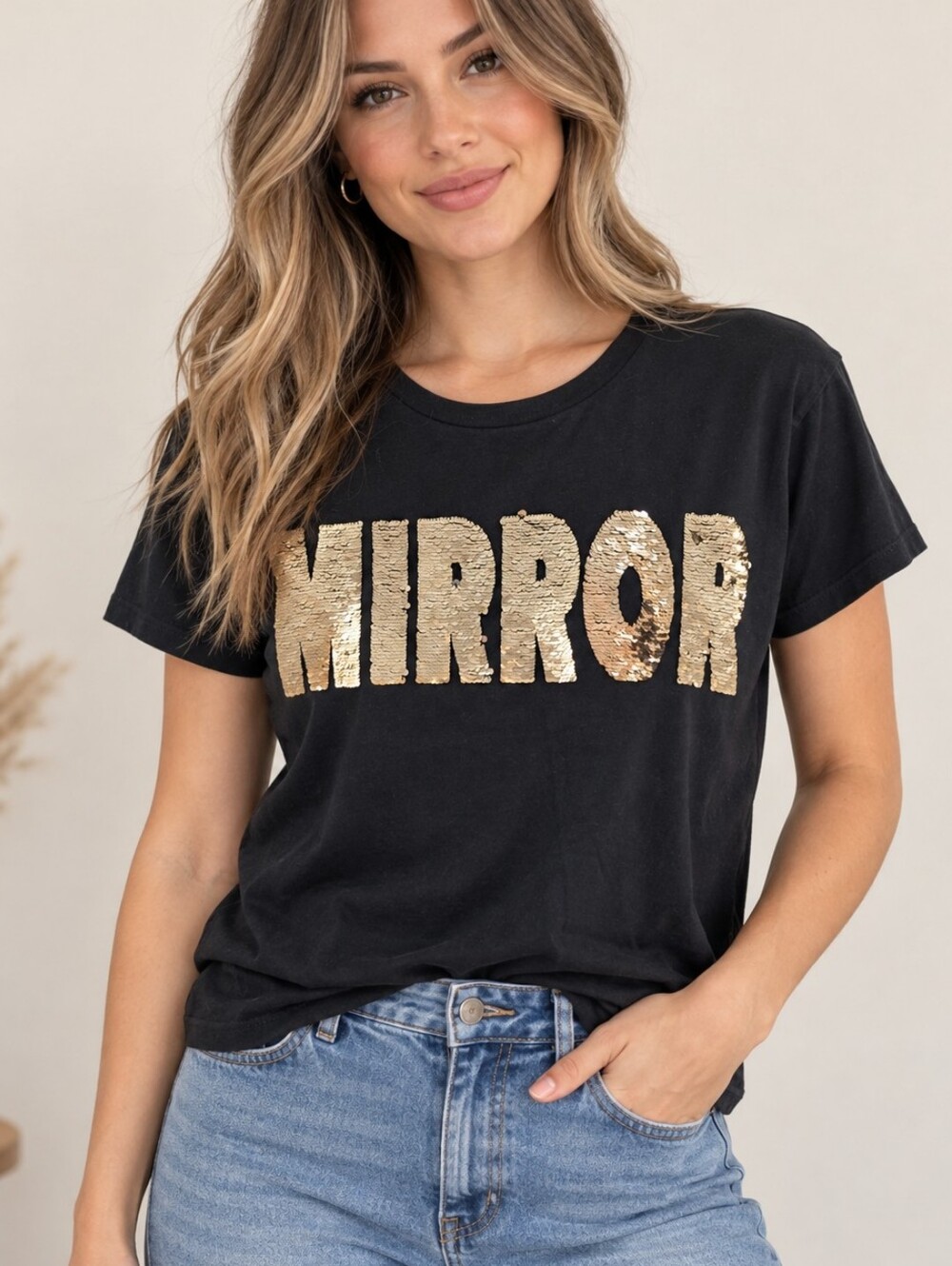 Sandro Paris Black Sequin Mirror Graphic Tee